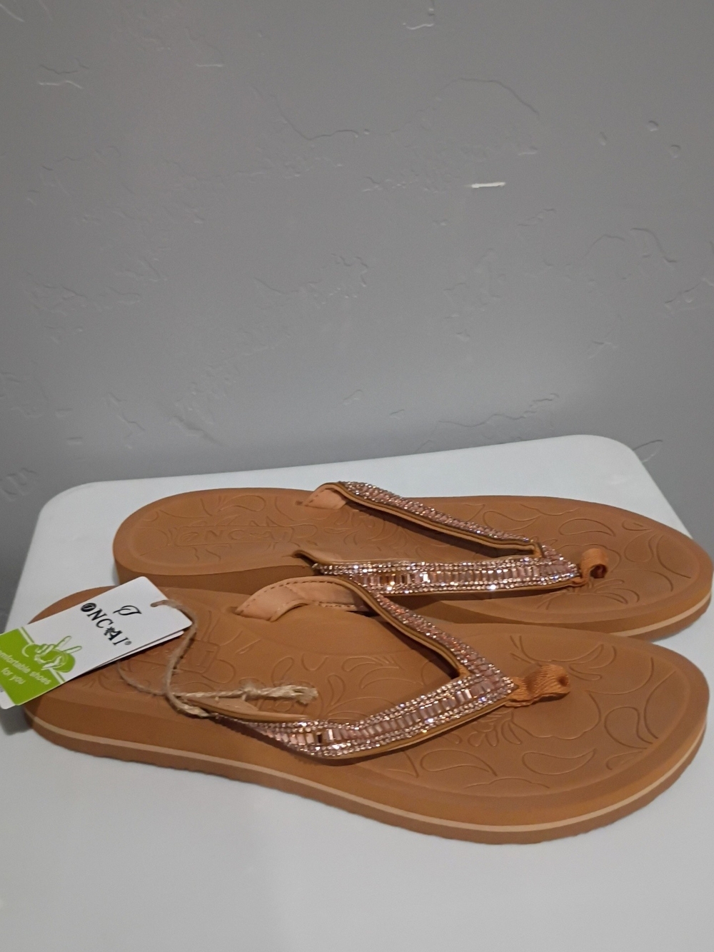 Oncai Women's Rhinestone Tan Flip Flop Sandals